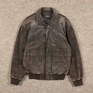 Vintage Lineage Brown Suede Leather Bomber Jacket Mens Size Large Full Zip Retro
